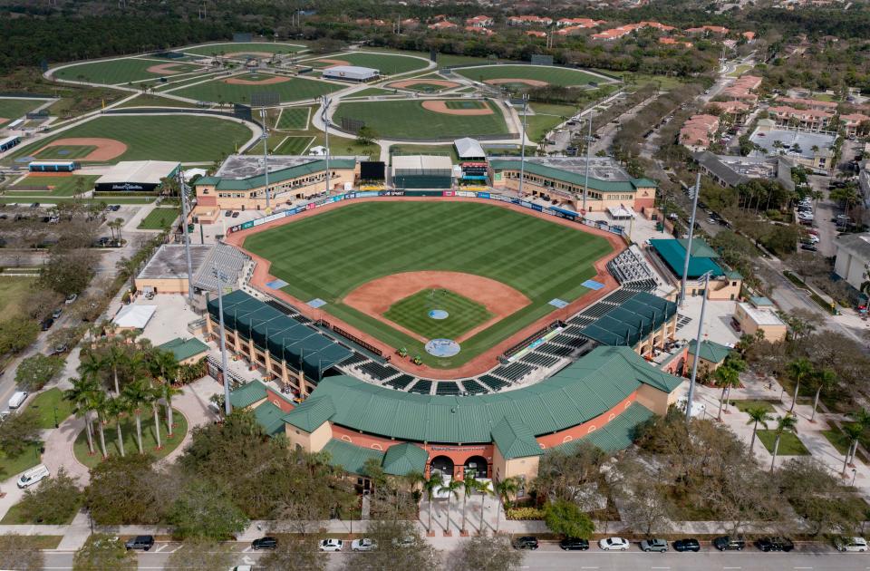 The spring training home of the St. Louis Cardinals and the Miami Marlins at Roger Dean Stadium in Jupiter, Florida on March 1, 2022. The Grapefruit League games will not be played unless Major League Baseball and the players union can reach an agreement on a contract or if the season will be cancelled.