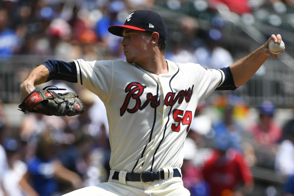 Atlanta Braves' Max Fried pitches against the Los Angeles Dodgers during the first inning of a baseball game Sunday, Aug. 18, 2019, in Atlanta. (AP Photo/John Amis)