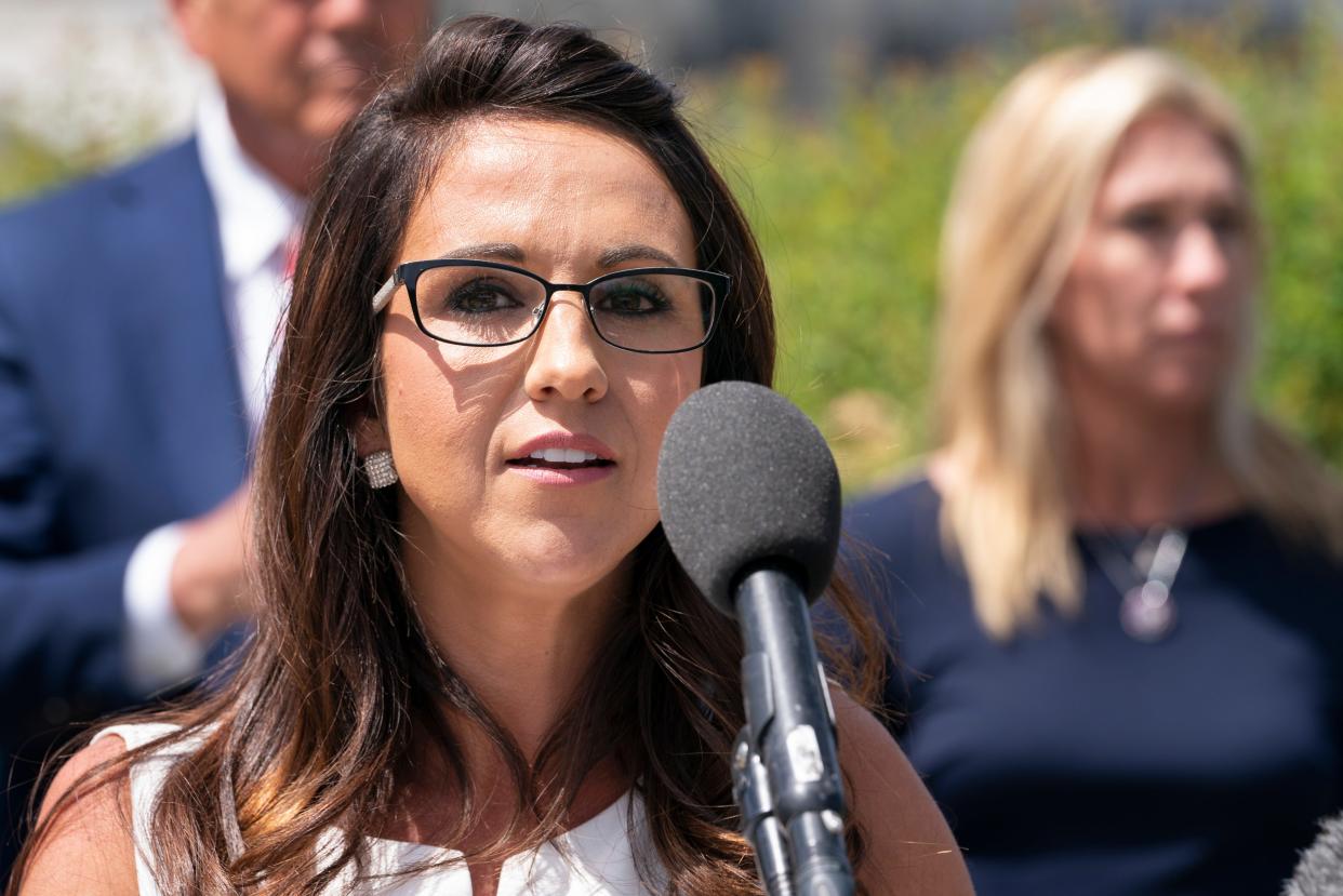 Rep. Lauren Boebert, R-Colo., speaks during a news conference, Wednesday, May 12, 2021, expressing opposition to "critical race theory," during a news conference on Capitol Hill in Washington. (AP Photo/Jacquelyn Martin) ORG XMIT: DCJM126