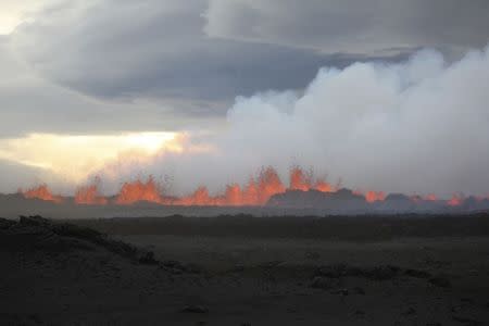 The lava flows on the the ground after the Bardabunga volcano erupted again on August 31, 2014. REUTERS/Armann Hoskuldsson