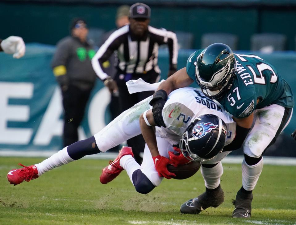 Philadelphia Eagles linebacker T.J. Edwards (57) breaks up a pass intended for Tennessee Titans wide receiver Robert Woods (2) during the third quarter at Lincoln Financial Field Sunday, Dec. 4, 2022, in Philadelphia.