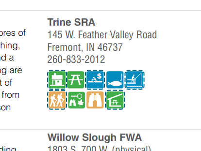 Indiana's Department of Natural Resource's 2024 Recreation Guide denotes activities and facilities with dotted lines around its icons for each state park and recreation area.
