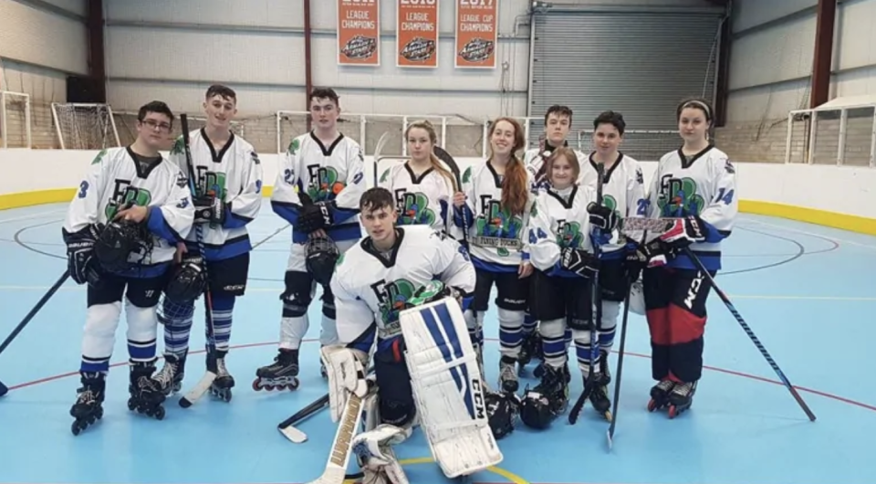 This photo shows the Irish <span>Flying Ducks ice hockey club, a team that</span> spends most of the year competing on in-line skates because they lack a permanent, year-round home to play on the ice. Photo from Aisling Daly via CBC News.