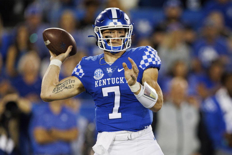 Kentucky quarterback Will Levis (7) throws a pass during the first half against Northern Illinois in Lexington, Ky., Saturday, Sept. 24, 2022. (AP Photo/Michael Clubb)