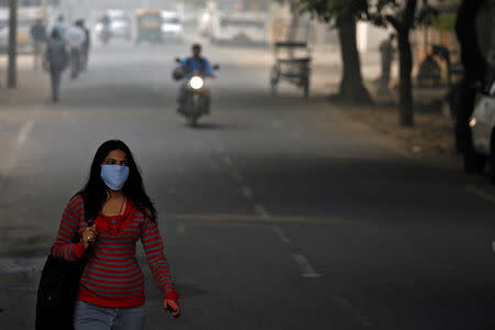 A woman walks along the road on a smoggy morning in New Delhi, India, November 10, 2017. REUTERS/Saumya Khandelwal