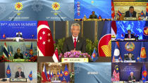 In this image released on Tuesday, Oct. 26, 2021, by Brunei ASEAN Summit in Bandar Seri Begawan, ASEAN chairman, Singapore's Prime Minister Lee Hsien Loong, speaks during a virtual summit with the leaders of the Association of Southeast Asian Nations (ASEAN) member​ states. Southeast Asian leaders began their annual summit without Myanmar on Tuesday amid a diplomatic standoff over the exclusion of the leader of the military-ruled nation from the group's meetings. An empty box of Myanmar is seen at bottom second from right. (Brunei ASEAN Summit via AP)