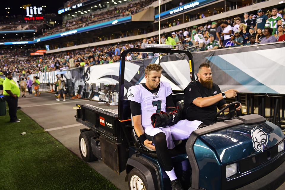 The Eagles may be scrambling to back up Carson Wentz after an apparent injury to Nate Sudfeld. (Getty)