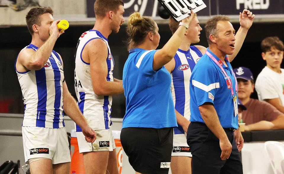 Alastair Clarkson, pictured here on the boundary-line during North Melbourne's win over Fremantle.