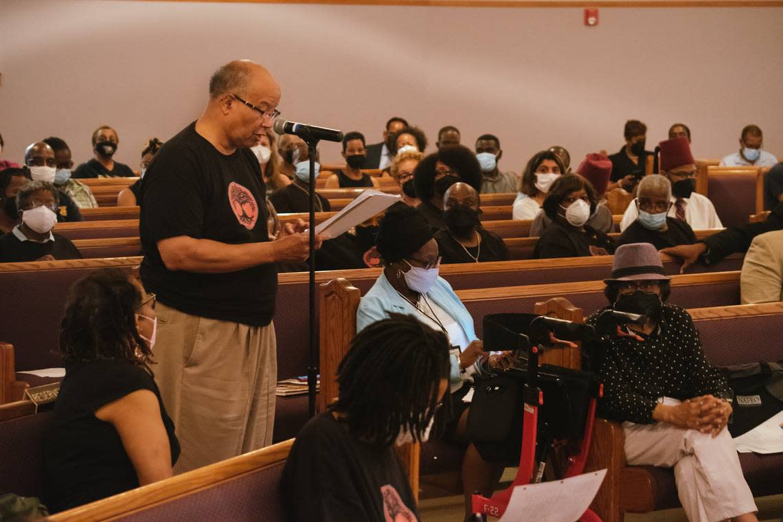 Gordon Matthewson, a Hayti native, speaks during a public comment period at a special City Council meeting at the Monument of Faith Church in Durham on Monday, June 13, 2022.