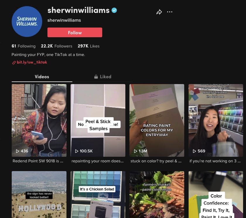 Screenshot of @SherwinWilliams' new TikTok account.