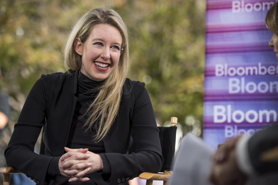 Billionaire Elizabeth Holmes, founder and chief executive officer of Theranos Inc., reacts during a Bloomberg Television interview at the Vanity Fair 2015 New Establishment Summit in San Francisco, California, U.S., on Tuesday, Oct. 6, 2015. The summit assembles titans of technology, politics, business, and media for inventive programming and inspiring conversations around the ideas and innovations shaping the future. Photographer: David Paul Morris/Bloomberg via Getty Images 