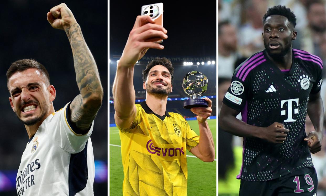 <span>Joselu (left), Mats Hummels (center) and Alphonso Davies (right) were the stars of the week. </span><span>Composite: Reuters; Uefa/Getty Images; PA Images</span>