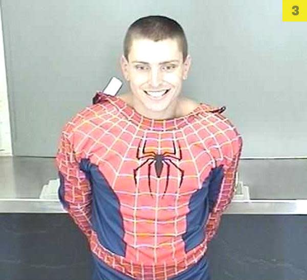 Daniel James Bradley, 22, was nabbed by California cops after allegedly trying to steal a woman’s purse. Post-arrest, Bradley explained to police that his Spiderman costume was part of his “disguise.” The Smoking Gun photo