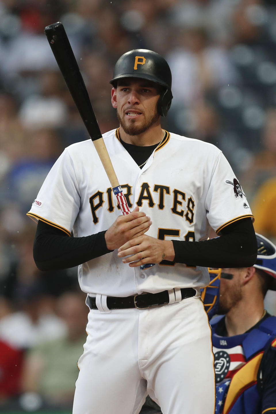 FILE - In this July 7, 2019, file photo, Pittsburgh Pirates pitcher Joe Musgrove bats during a baseball game against the Milwaukee Brewers in Pittsburgh. By a pitcher's standards, Musgrove is a decent hitter. (AP Photo/Keith Srakocic, File)