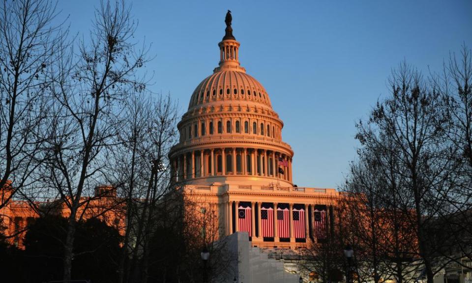 The US Capitol is shown at sunset on the day of Joe Biden’s inauguration.