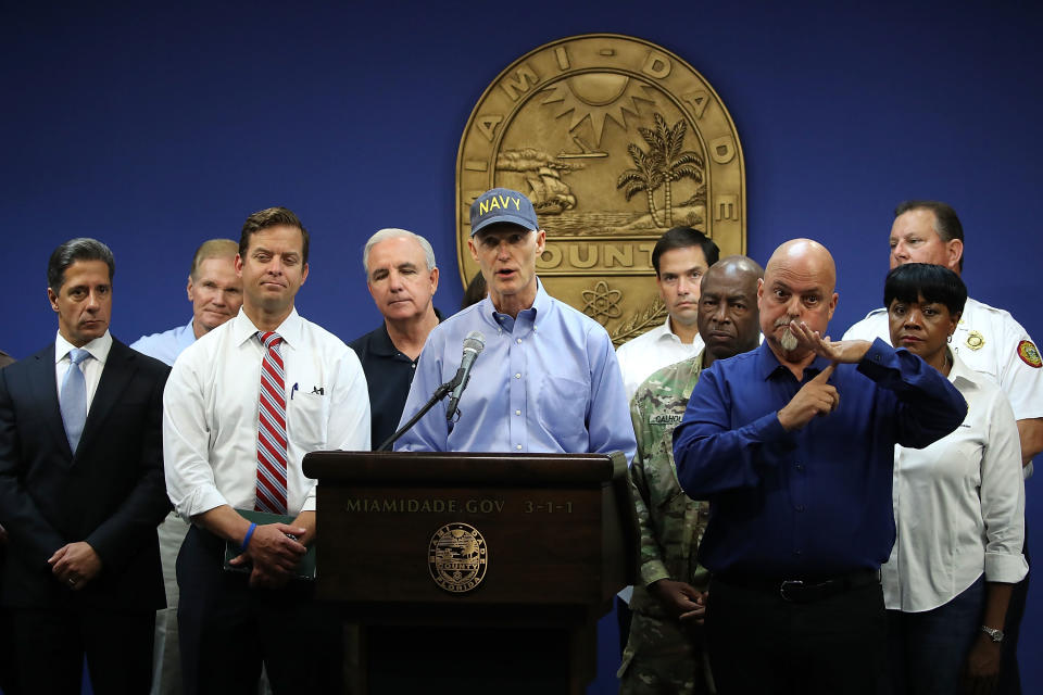 <p>Florida Governor Rick Scott gives an update to the media regarding Hurricane Irma on Sept. 6, 2017 in Doral, Fla. (Photo: Mark Wilson/Getty Images) </p>