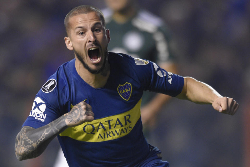 Dario Benedetto of Argentina's Boca Juniors celebrates his goal against Brazil's Palmeiras during a Copa Libertadores semifinal first leg soccer match in Buenos Aires, Argentina, Wednesday, Oct. 24, 2018. (AP Photo/Gustavo Garello)