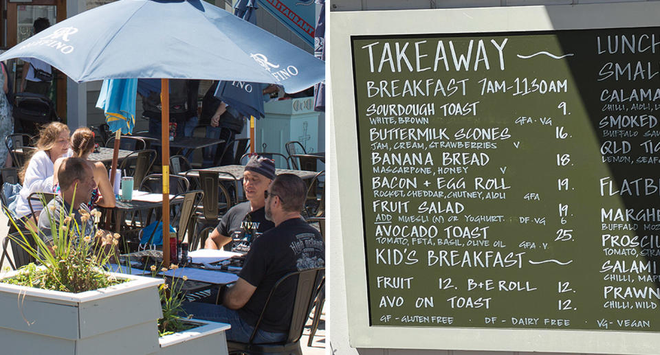 Diners at outdoor a café tables; Café menu board including $18 banana bread