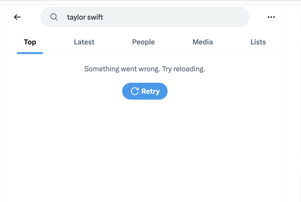 This is the message X users currently receive when inputting "Taylor Swift" in the search box.<span class="copyright">Screenshot via TIME</span>