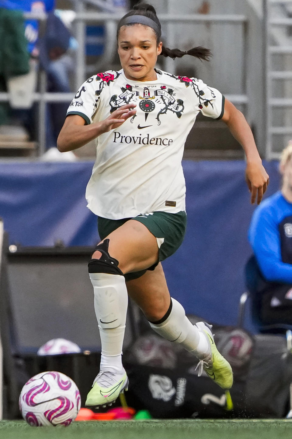 FILE - Portland Thorns forward Sophia Smith (9) moves the ball upfield against OL Reign during the first half of an NWSL soccer match, Saturday, June 3, 2023, in Seattle. The National Women's Soccer League has a lot to be excited about heading into its 11th season. (AP Photo/Lindsey Wasson, File)
