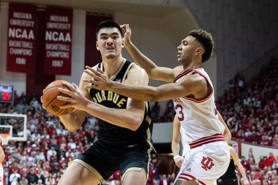 Purdue center Zach Edey (15) shoots the ball while Indiana forward Trayce Jackson-Davis (23) defends in the second half at Simon Skjodt Assembly Hall.