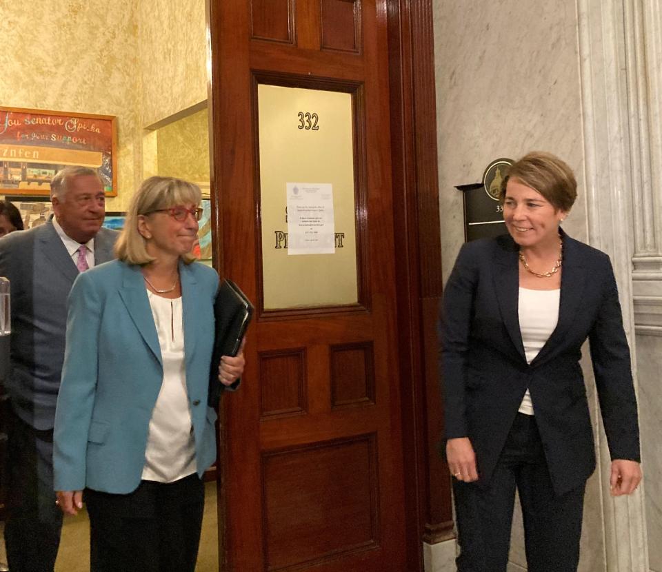 Emerging from the semi-regular leadership meeting; from left House speaker Ron Mariano, D-Quincy, Senate President Karen Spilka, D-Ashland, and Gov. Maura Healey, they are in agreement on the proposed sales tax holiday set for Aug. 12 & 13.