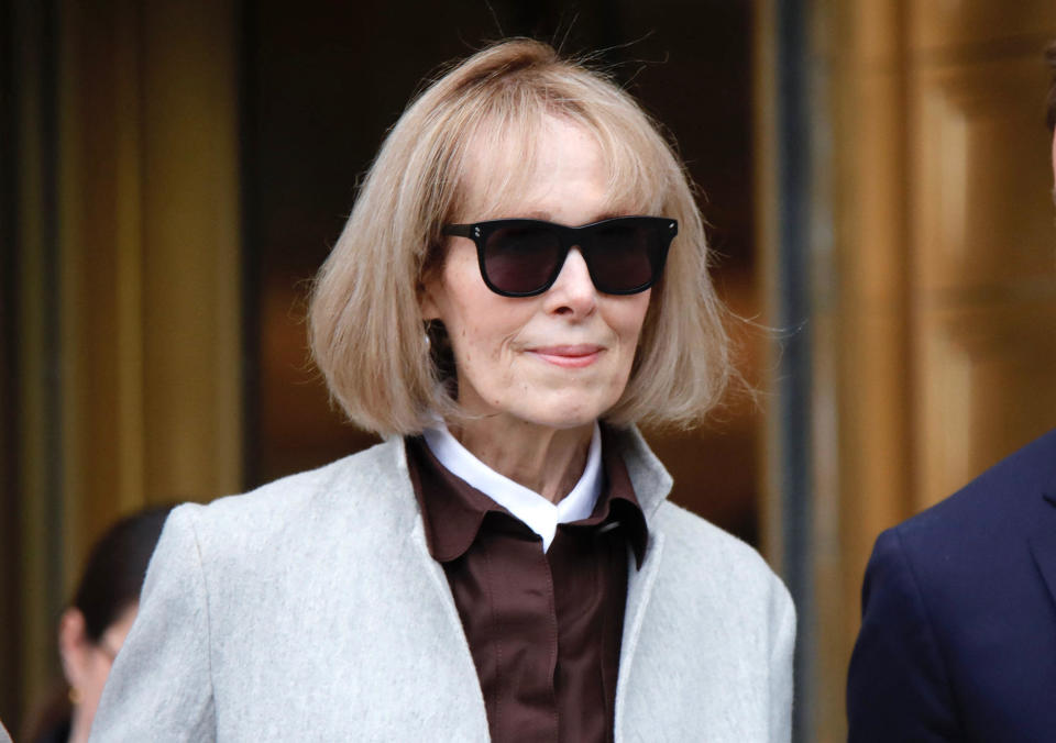 Writer E. Jean Carroll leaves as jury selection is set to begin in the defamation case against former US President Donald Trump brought by Carroll, who accused him of raping her in the 1990s, at the Manhattan Federal Court in New York on April 25, 2023. / Credit: KENA BETANCUR/AFP via Getty Images