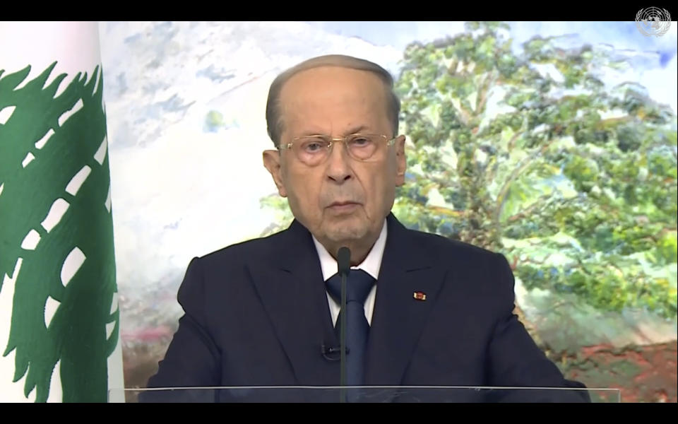 In this photo taken from video, Lebanese President Michel Aoun remotely addresses the 76th session of the United Nations General Assembly in a pre-recorded message, Friday, Sept. 24, 2021, at UN headquarters. (UN Web TV via AP)