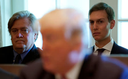 Trump advisers Steve Bannon (back L) and Jared Kushner (back R) listen as U.S. President Donald Trump meets with members of his Cabinet at the White House in Washington, June 12, 2017. REUTERS/Kevin Lamarque