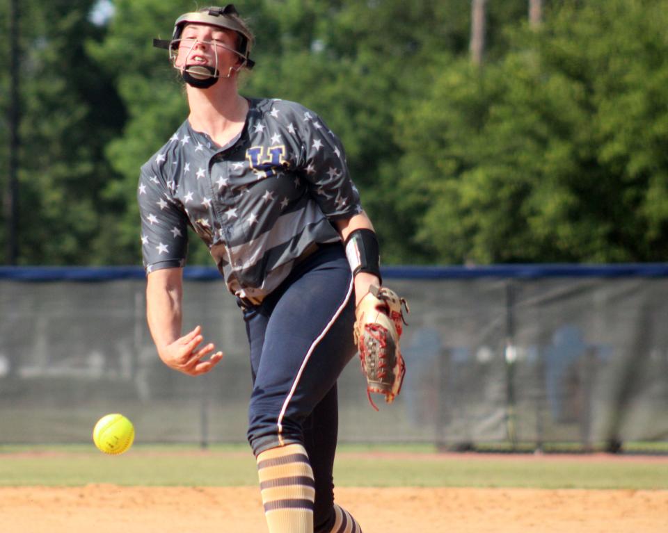 University Christian pitcher Sophia Kardatzke (24) delivers a pitch against Trinity Christian during the first inning of  the Florida High School Athletic Association Region 1-2A softball final on May 20, 2022. [Clayton Freeman/Florida Times-Union]