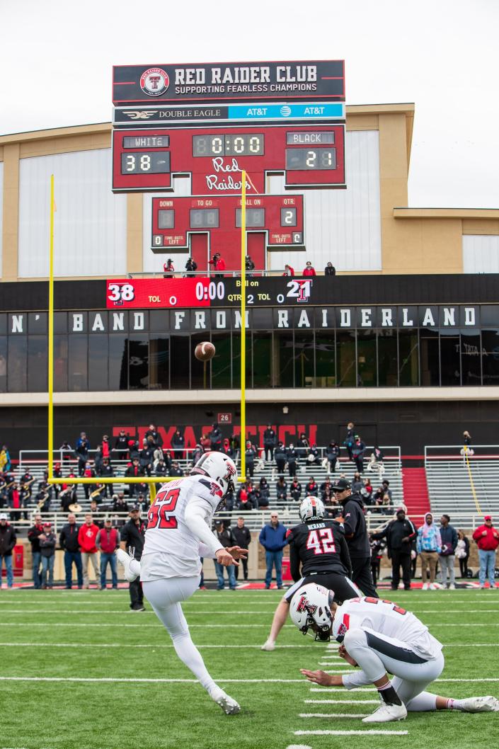 Gabriel Lozano (62) kicks a field goal during Texas Tech&#39;s spring game in April. The Double T scoreboard visible in the background likely will be removed and replaced with a new Double T scoreboard, Tech officials said Thursday, when the stadium&#39;s south end zone is renovated.