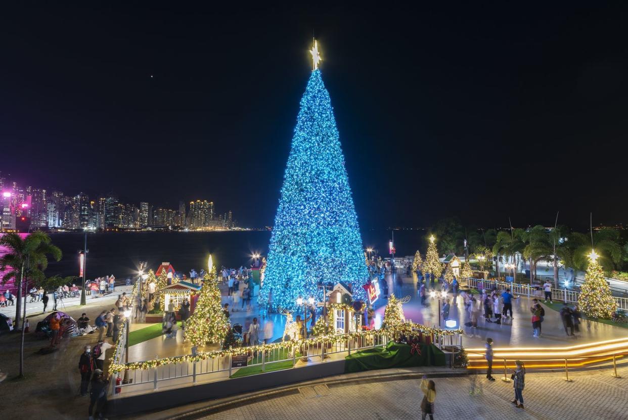 the giant christmas tree in west kowloon cultural district in hong kong city