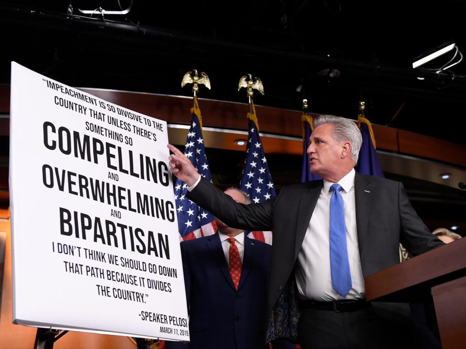 House Minority Leader Kevin McCarthy of Calif., right, standing with House Minority Whip Steve Scalise, R-La., left hidden, speaks during a news conference on Capitol Hill in Washington, Tuesday, Dec. 3, 2019. (AP Photo/Susan Walsh)