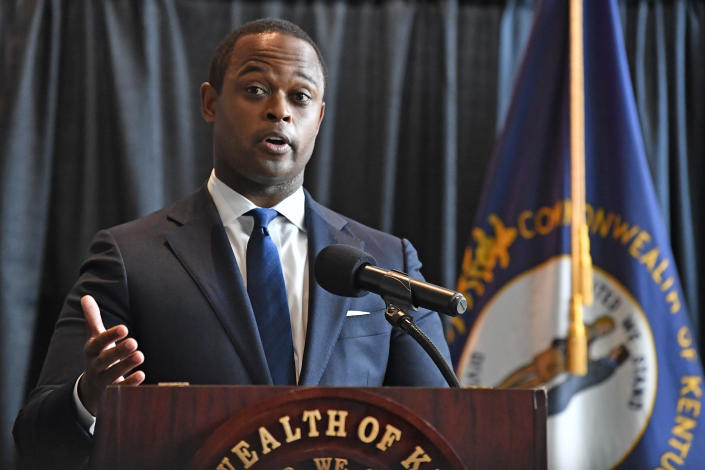 Kentucky Attorney General Daniel Cameron addresses the media following the return of a grand jury investigation into the death of Breonna Taylor, in Frankfort, Ky., Wednesday, Sept. 23, 2020. Of the three Louisville Metro police officers being investigated, one was indicted. (Timothy D. Easley/AP)