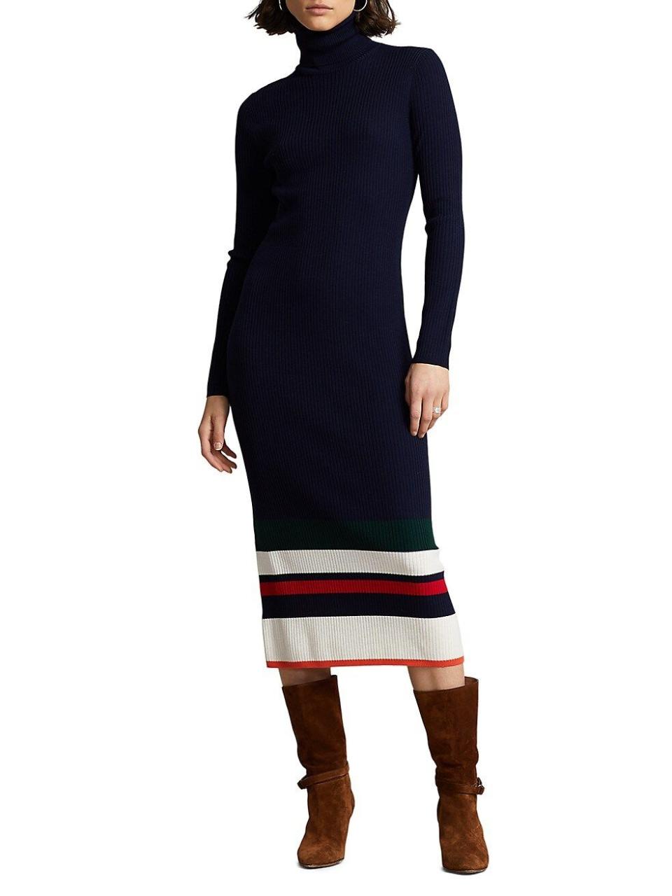 Stripe Wool Rib-Knit Turtleneck Day Dress