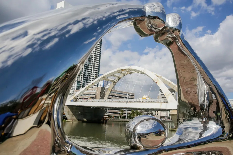 The China-funded Binondo-Intramuros Bridge is under construction in Manila, the Philippines on March 3, 2022. The Binondo-Intramuros Bridge is a steel bowstring arch bridge in Manila City that will connect the Intramuros side and Binondo side over the Pasig River. (Photo by Rouelle Umali/Xinhua via Getty Images)