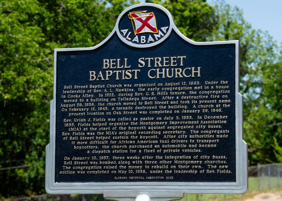 The historic marker in front of Bell Missionary Baptist Church in Montgomery, Ala., shown on Tuesday April 23, 2024.