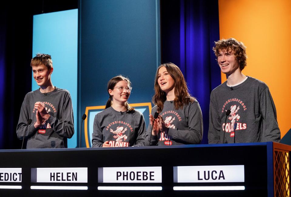 South High Community School team of Benedict Morrow, left, Helen Kennedy, Phoebe McDermott and Luca Frost, compete during a taping of GBH TV’s "High School Quiz Show."