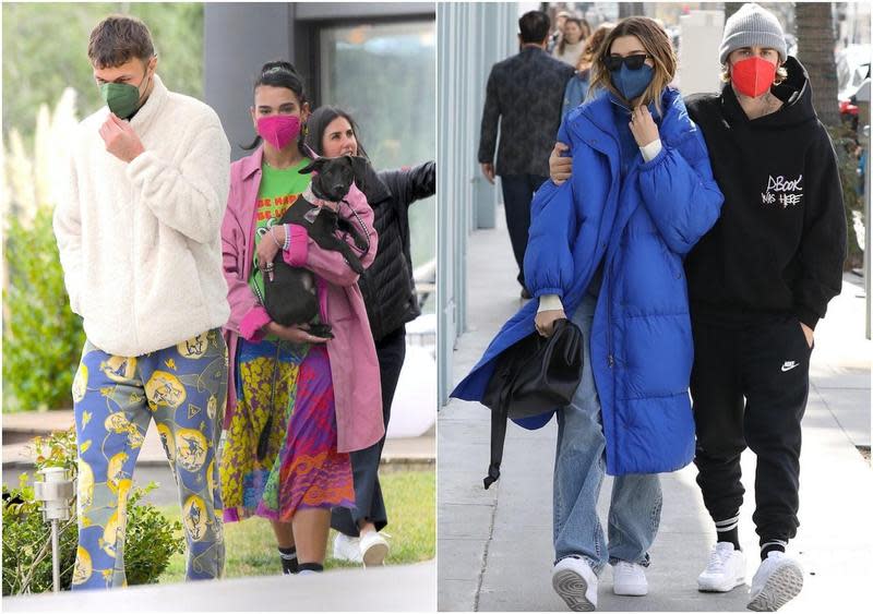 （圖右起）好萊塢潮流夫妻檔Justin Bieber與Hailey Bieber、Anwar Hadid與Dua Lipa這兩對，臉上配戴的皆為KAZE時尚口罩。（團團提供）