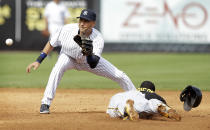 New York Yankees shortstop Derek Jeter waits for the ball before tagging out Pittsburgh Pirates' Josh Harrison, right, during a stolen base attempt in the fifth inning of an exhibition baseball game Thursday, Feb. 27, 2014, in Tampa, Fla. (AP Photo/Charlie Neibergall)