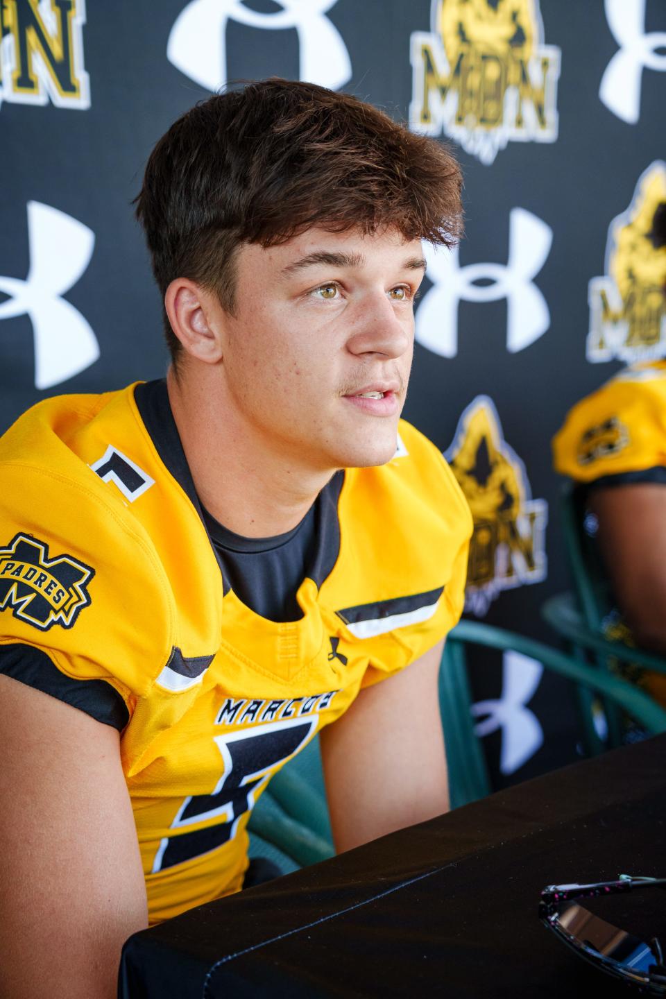 Marcos De Niza wide receiver, Mason Stromstad, speaks to a reporter during Tempe Union School DistrictÕs Football Media Day at Valle Luna Mexican Restaurant on Aug. 6, 2022 in Chandler, AZ.