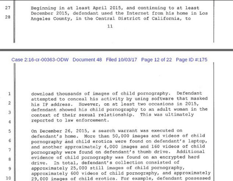 Court documents listing the number of disturbing images found on his computer after a tip off. Source:Central District Court of California