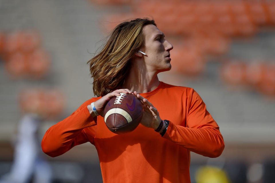 Clemson quarterback Trevor Lawrence during warm ups before an NCAA college football game against Wake Forest, Saturday, Nov. 16, 2019, in Clemson, S.C. (AP Photo/Richard Shiro)