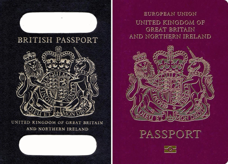 Composite picture of an old British passport (left) and a burgundy UK passport in the European Union style format. The Government has &quot;no immediate plans&quot; to reintroduce the traditional navy blue British passports in the wake of Brexit.