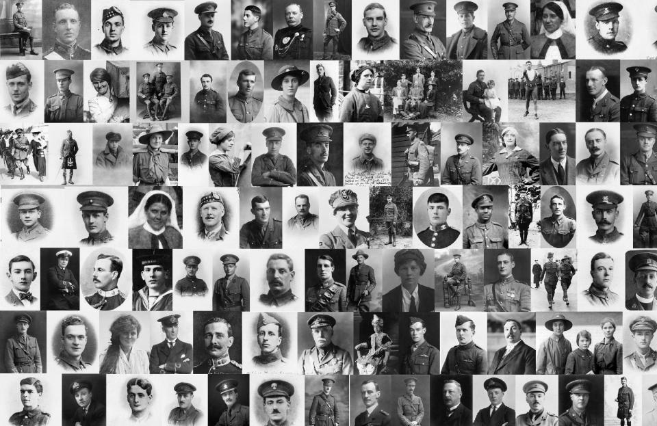 In this collage of photos released by the Imperial War Museum, faces of World War One British soldiers, nurses and home front workers. Britain's Imperial War Museum is launching an ambitious online database on Monday, May 12, 2014 to remember the lives of the millions of men and women who served in World War One. The museum hopes that the history project, timed to coincide with the 100th anniversary of WWI, could form a permanent digital memorial to the scores of soldiers, nurses and others from Britain and the Commonwealth who contributed to the war by piecing together their life stories. (AP Photo/IWM)