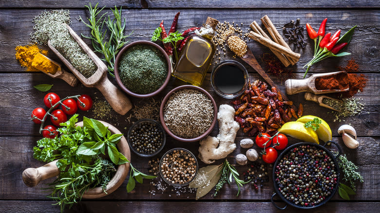 variety of spices on wood