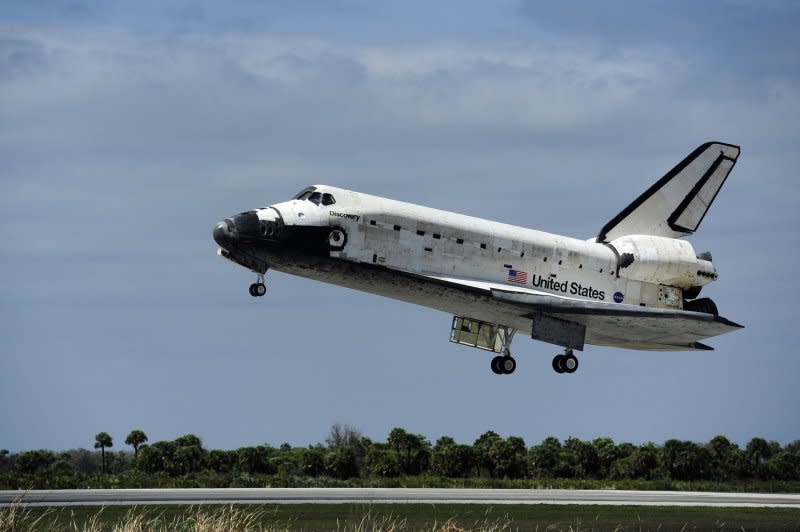NASA's space shuttle Discovery approaches Runway 15 at the Shuttle Landing Facility for an on-time landing at 11:57 a.m. at the Kennedy Space Center on March 9, 2011. File Photo by Joe Marino-Bill Cantrell/UPI