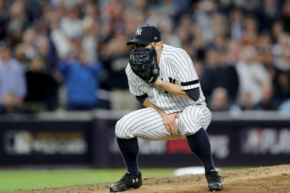 Yankees David Robertson had a priceless reaction to his catcher being hit in the groin. (Getty Images/Elsa)