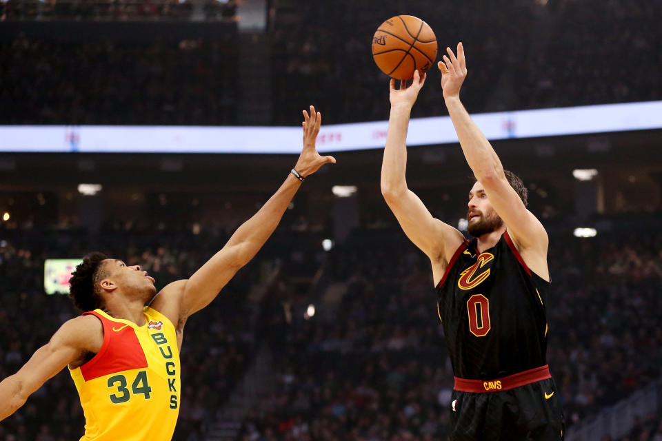 MILWAUKEE, WISCONSIN - MARCH 24:  Kevin Love #0 of the Cleveland Cavaliers attempts a shot while being guarded by Giannis Antetokounmpo #34 of the Milwaukee Bucks in the first quarter at the Fiserv Forum on March 24, 2019 in Milwaukee, Wisconsin. NOTE TO USER: User expressly acknowledges and agrees that, by downloading and or using this photograph, User is consenting to the terms and conditions of the Getty Images License Agreement. (Photo by Dylan Buell/Getty Images)