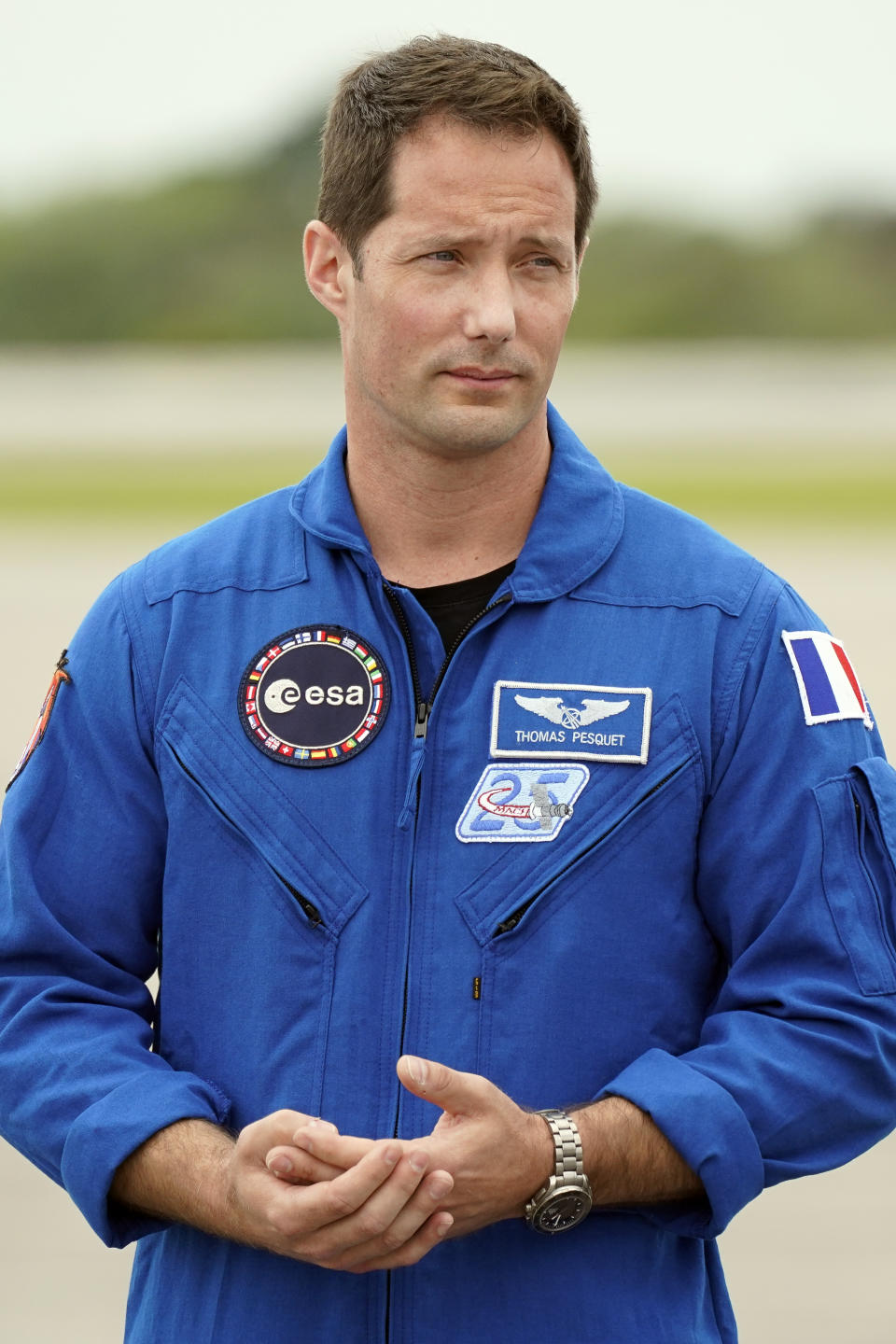 SpaceX Crew 2 member European Space Agency astronaut Thomas Pesquet arrives at the Kennedy Space Center in Cape Canaveral, Fla., Friday, April 16, 2021. The launch to the International Space Station is targeted for April 22. (AP Photo/John Raoux)